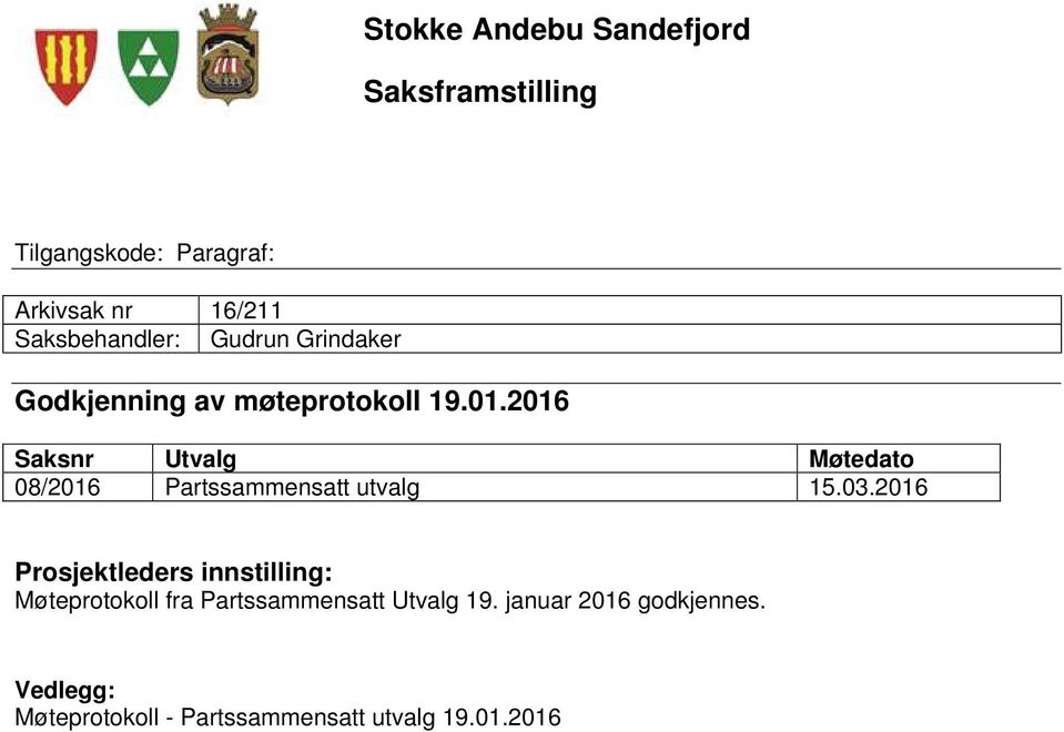 2016 Saksnr Utvalg Møtedato 08/2016 Partssammensatt utvalg 15.03.