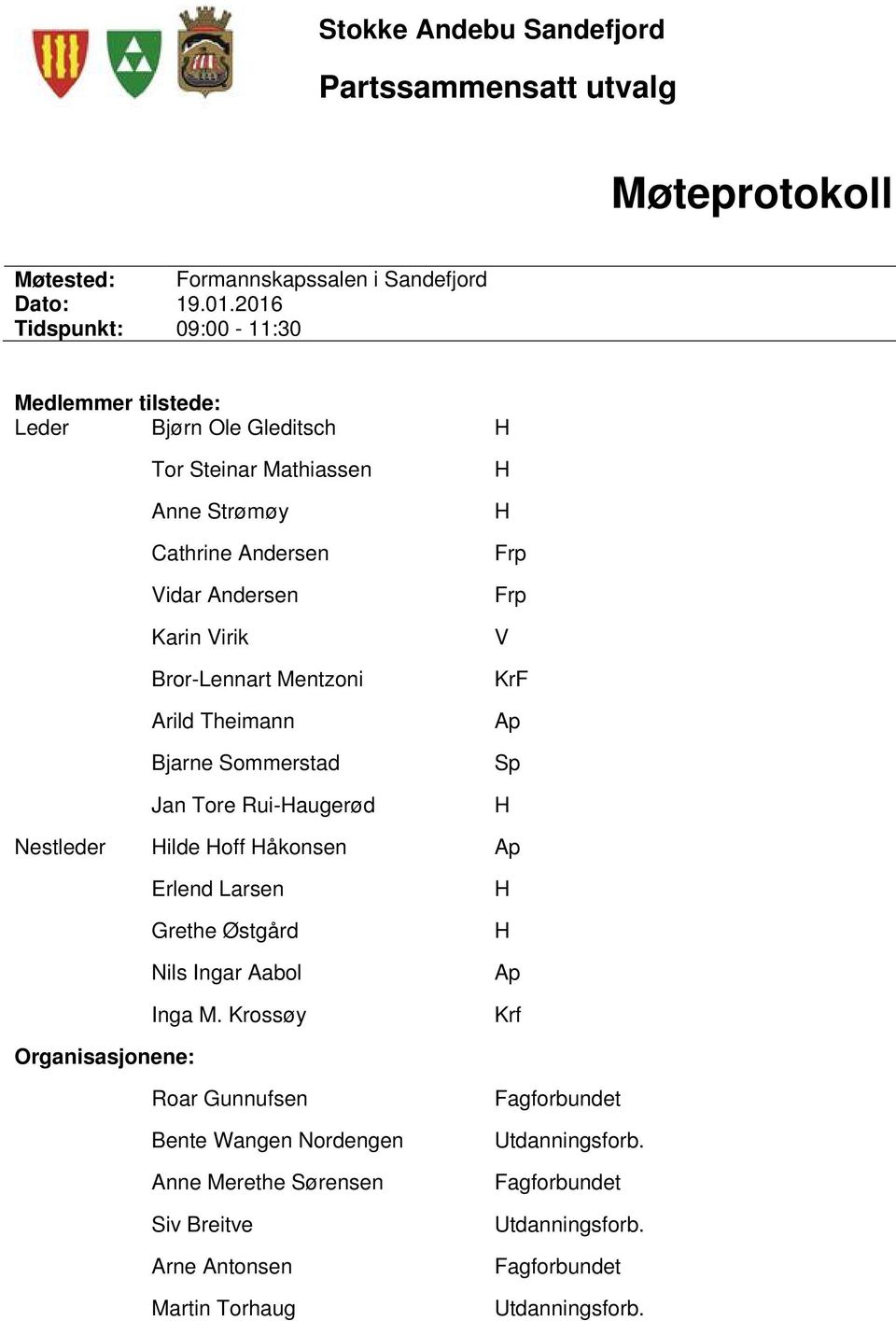 Mentzoni Arild Theimann Bjarne Sommerstad Jan Tore Rui-Haugerød H H Frp Frp V KrF Ap Sp H Nestleder Hilde Hoff Håkonsen Ap Erlend Larsen Grethe Østgård Nils Ingar Aabol