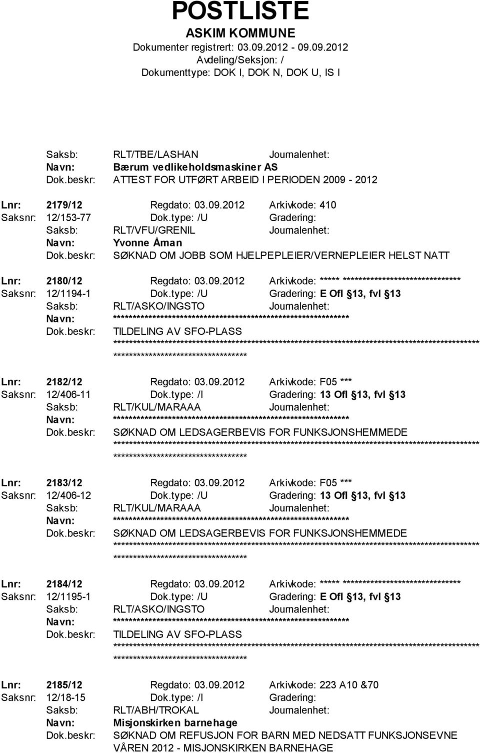 type: /U Gradering: E Ofl 13, fvl 13 Saksb: RLT/ASKO/INGSTO Journalenhet: ************************** TILDELING AV SFO-PLASS ************************* Lnr: 2182/12 Regdato: 03.09.