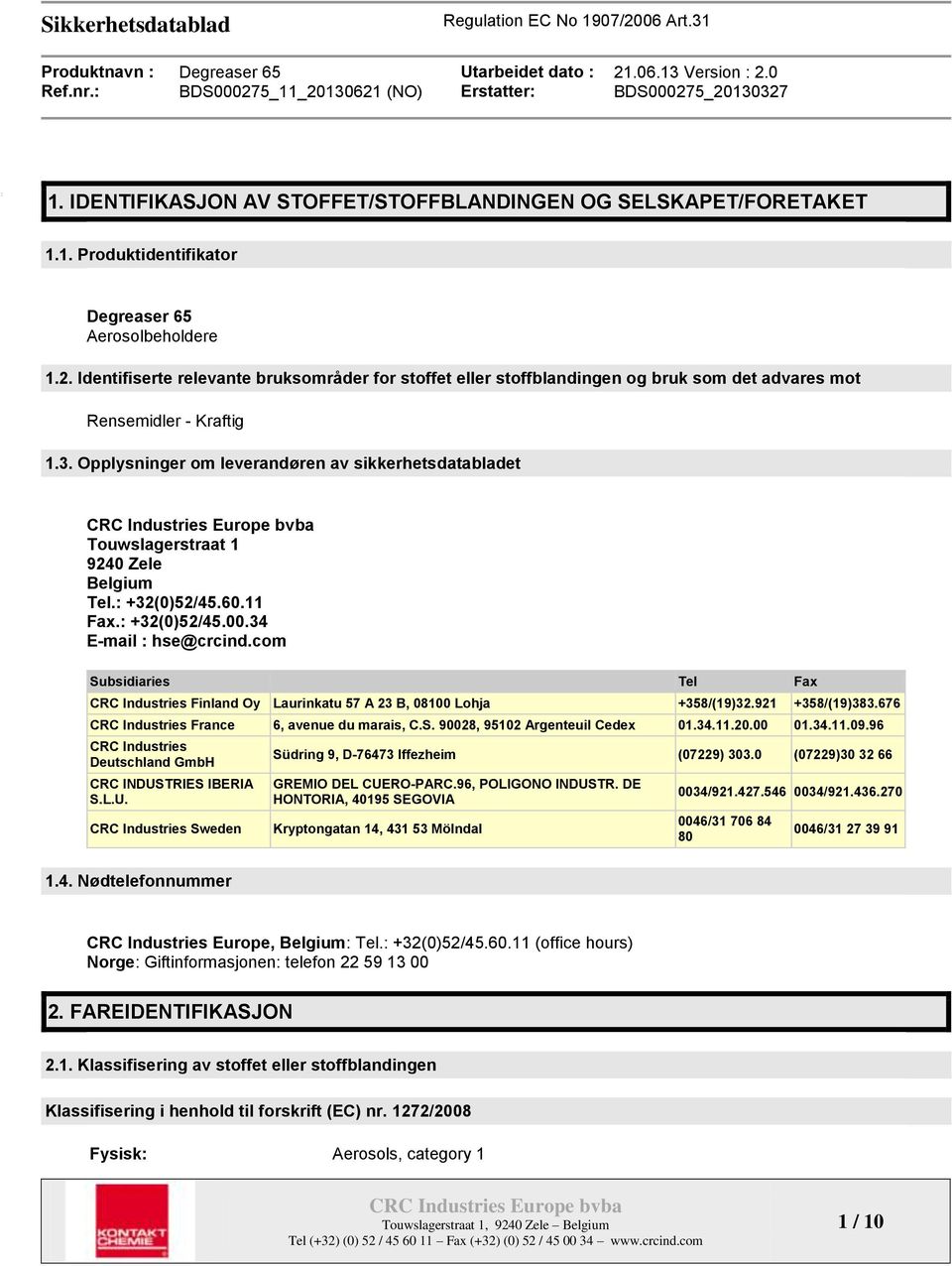 Opplysninger om leverandøren av sikkerhetsdatabladet Touwslagerstraat 1 9240 Zele Belgium Tel.: +32(0)52/45.60.11 Fax.: +32(0)52/45.00.34 E-mail : hse@crcind.