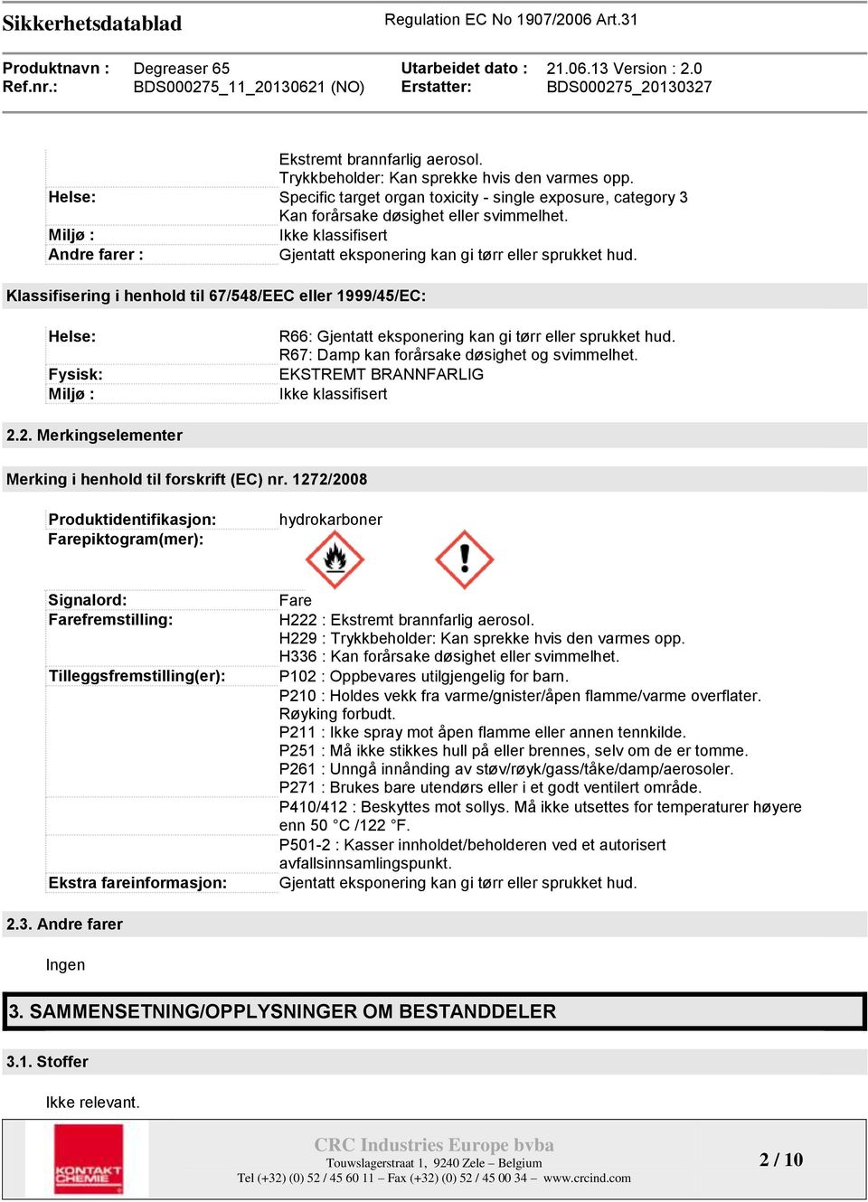 Klassifisering i henhold til 67/548/EEC eller 1999/45/EC: Helse: Fysisk: Miljø : R66: Gjentatt eksponering kan gi tørr eller sprukket hud. R67: Damp kan forårsake døsighet og svimmelhet.