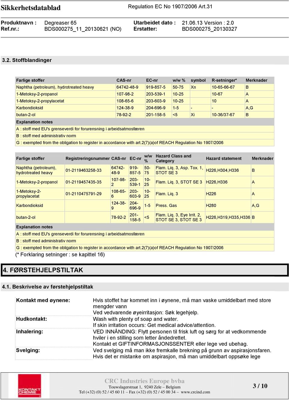 stoff med EU's grenseverdi for forurensning i arbeidsatmosfæren B : stoff med administrativ norm G : exempted from the obligation to register in accordance with art.