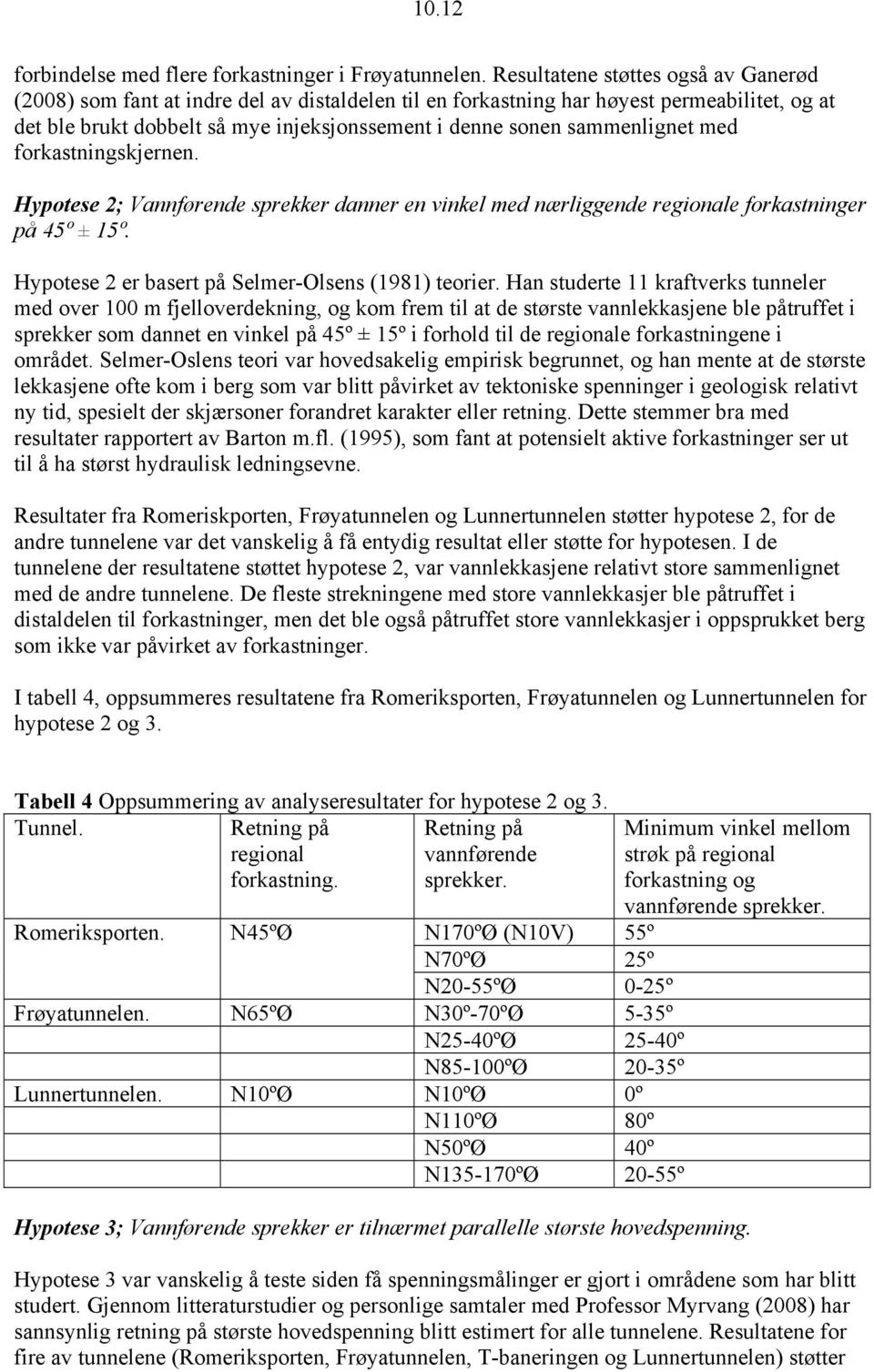 sammenlignet med forkastningskjernen. Hypotese 2; Vannførende sprekker danner en vinkel med nærliggende regionale forkastninger på 45º ± 15º. Hypotese 2 er basert på Selmer-Olsens (1981) teorier.