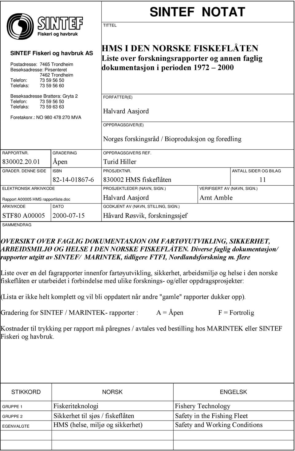 : NO 980 478 270 MVA HMS I DEN NORSKE FISKEFLÅTEN Liste over forskningsrapporter og annen faglig dokumentasjon i perioden 1972 2000 FORFATTER(E) Halvard Aasjord OPPDRAGSGIVER(E) Norges forskingsråd /