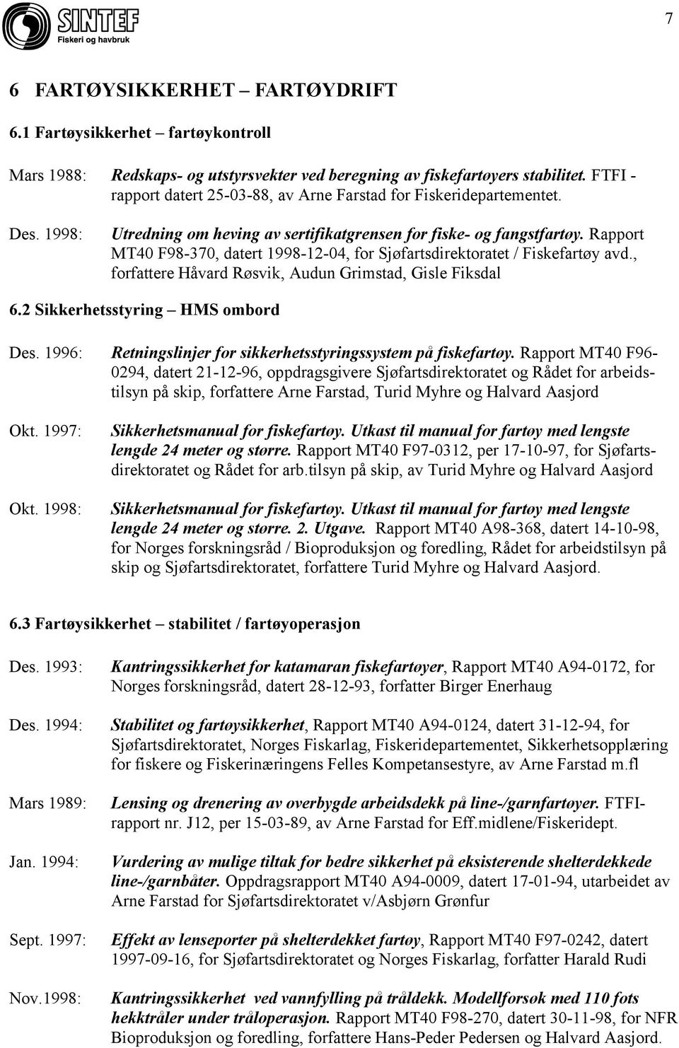 Rapport MT40 F98-370, datert 1998-12-04, for Sjøfartsdirektoratet / Fiskefartøy avd., forfattere Håvard Røsvik, Audun Grimstad, Gisle Fiksdal 6.2 Sikkerhetsstyring HMS ombord Des.