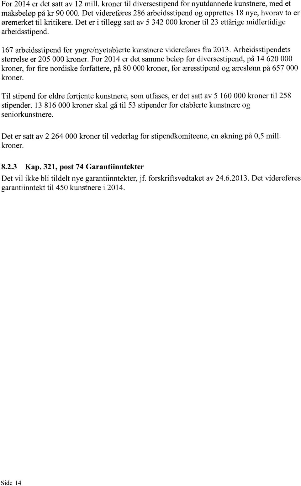 167 arbeidsstipend for yngre/nyetablerte kunstnere videreføres fra 2013. Arbeidsstipendets størrelse er 205 000 kroner.