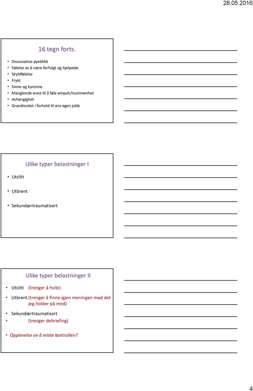 å føle empati/nummenhet Avhengighet Grandiositet i forhold til ens egen jobb Utslitt Ulike typer belastninger I