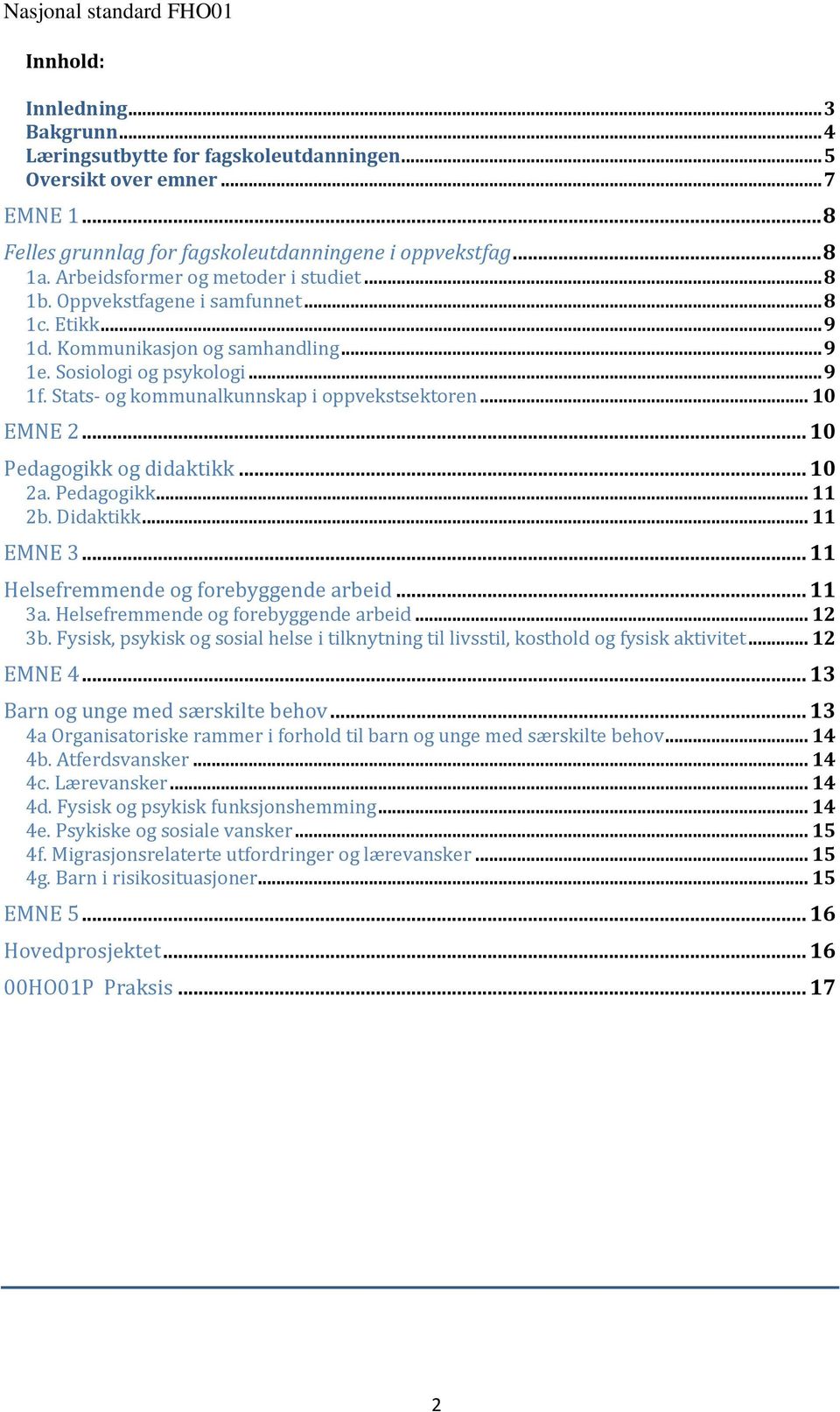 Stats- og kommunalkunnskap i oppvekstsektoren... 10 EMNE 2... 10 Pedagogikk og didaktikk... 10 2a. Pedagogikk... 11 2b. Didaktikk... 11 EMNE 3... 11 Helsefremmende og forebyggende arbeid... 11 3a.