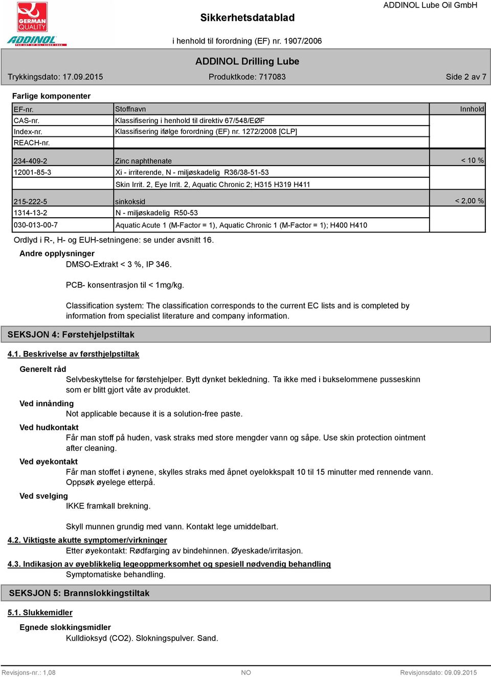 2, Aquatic Chronic 2; H315 H319 H411 215-222-5 sinkoksid < 2,00 % 1314-13-2 030-013-00-7 N - miljøskadelig R50-53 Ordlyd i R-, H- og EUH-setningene: se under avsnitt 16.