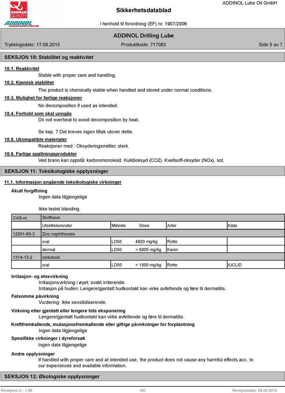 Forhold som skal unngås Do not overheat to avoid decomposition by heat. Se kap. 7 Det kreves ingen tiltak utover dette. 10.5. Ukompatible materialer Reaksjoner med : Oksyderingsmidler, sterk. 10.6.