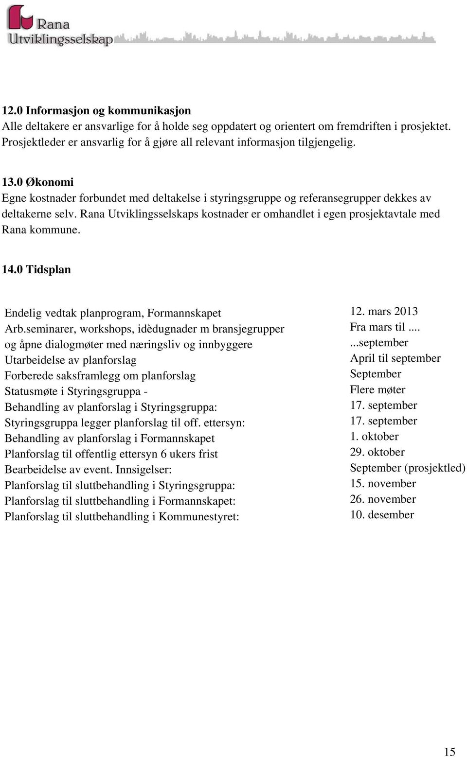 Rana Utviklingsselskaps kostnader er omhandlet i egen prosjektavtale med Rana kommune. 14.0 Tidsplan Endelig vedtak planprogram, Formannskapet 12. mars 2013 Arb.