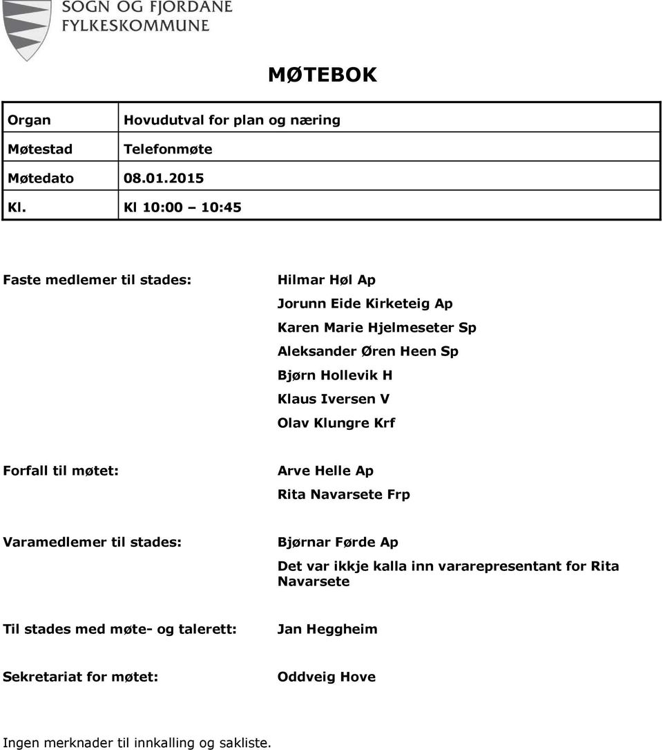 Hollevik H Klaus Iversen V Olav Klungre Krf Forfall til møtet: Arve Helle Ap Rita Navarsete Frp Varamedlemer til stades: Bjørnar Førde Ap