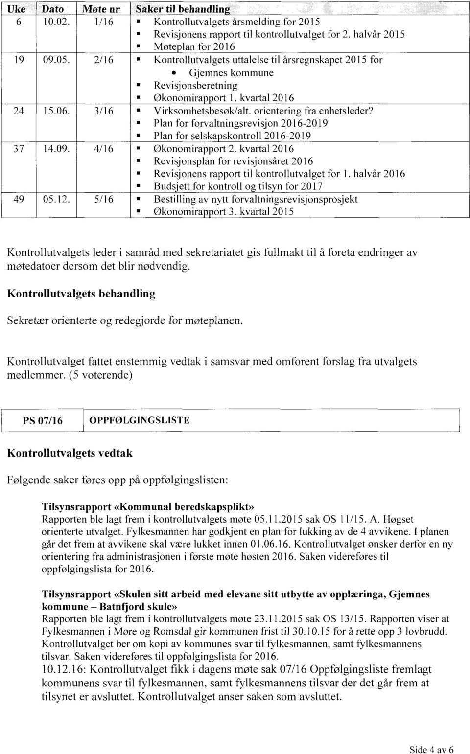 ' Plan for forvaltningsrevisjon 2016-2019 ' Plan for selska skontroll 2016-2019 14.09. 4/16 ' Økonomirapport 2.
