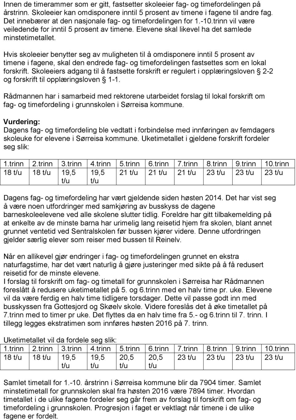 Hvis skoleeier benytter seg av muligheten til å omdisponere inntil 5 prosent av timene i fagene, skal den endrede fag- og timefordelingen fastsettes som en lokal forskrift.