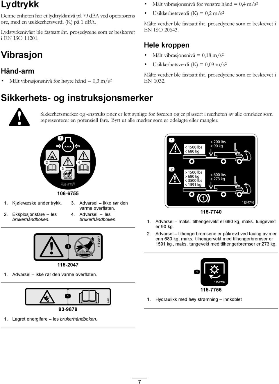 prosedyrene som er beskrevet i EN ISO 20643. Hele kroppen Målt vibrasjonsnivå = 0,18 m/s 2 Usikkerhetsverdi (K) = 0,09 m/s 2 Målte verdier ble fastsatt iht. prosedyrene som er beskrevet i EN 1032.