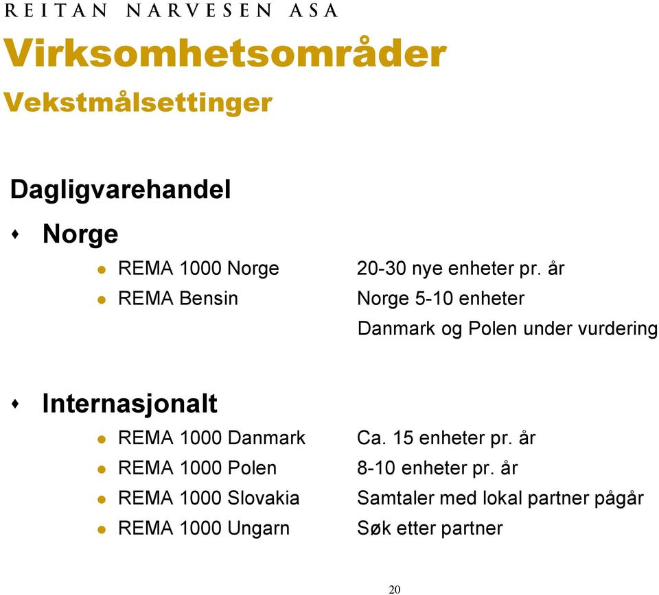 år Norge 5-10 enheter Danmark og Polen under vurdering Internasjonalt REMA 1000