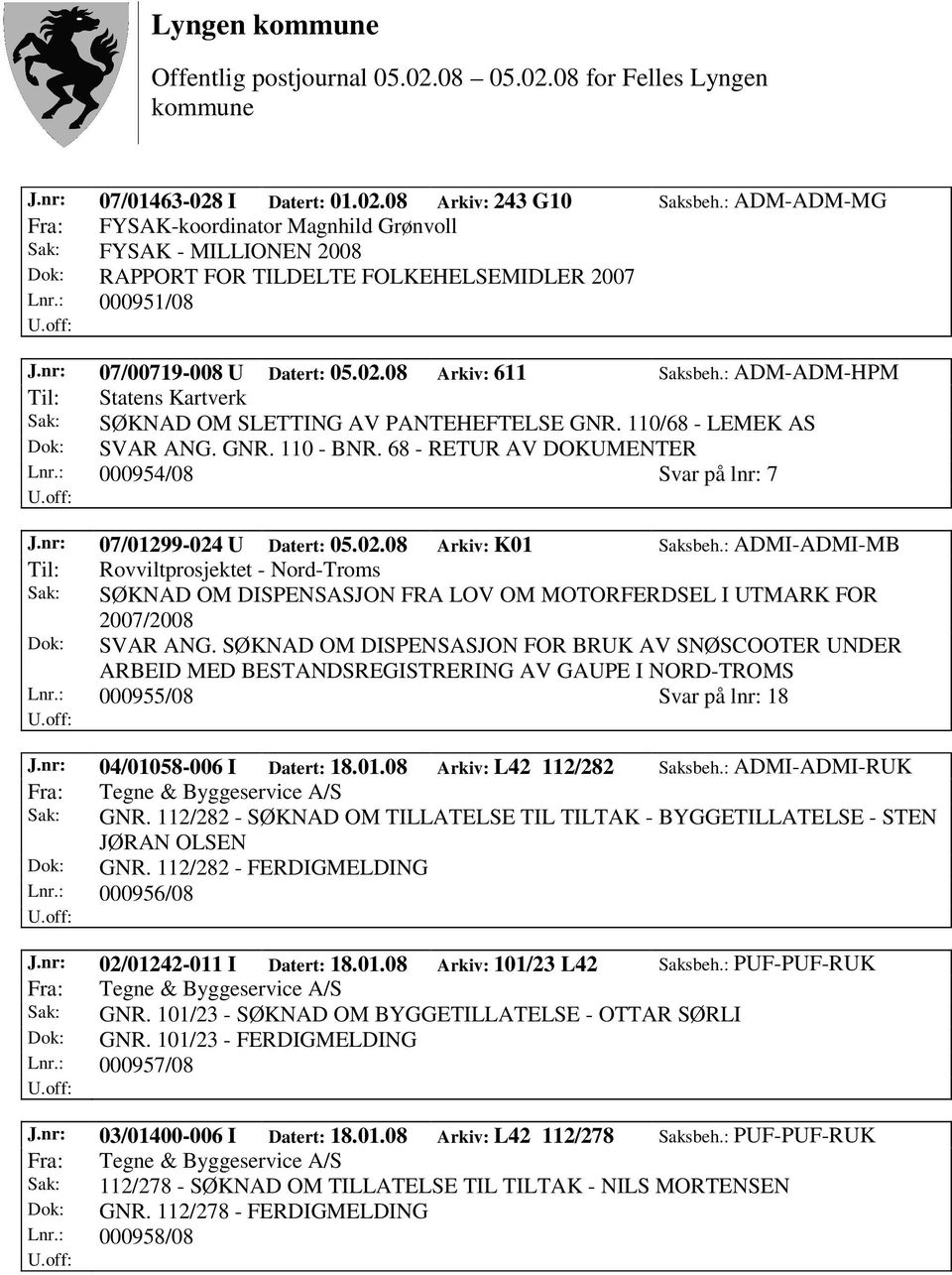 68 - RETUR AV DOKUMENTER Lnr.: 000954/08 Svar på lnr: 7 J.nr: 07/01299-024 U Datert: 05.02.08 Arkiv: K01 Saksbeh.