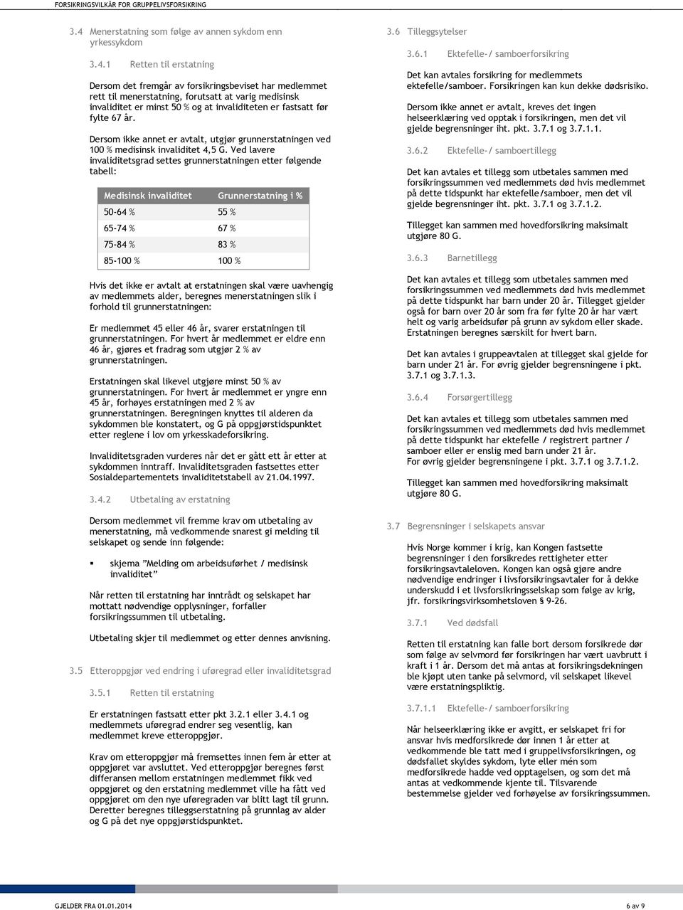 1 Retten til erstatning Dersom det fremgår av forsikringsbeviset har medlemmet rett til menerstatning, forutsatt at varig medisinsk invaliditet er minst 50 % og at invaliditeten er fastsatt før fylte