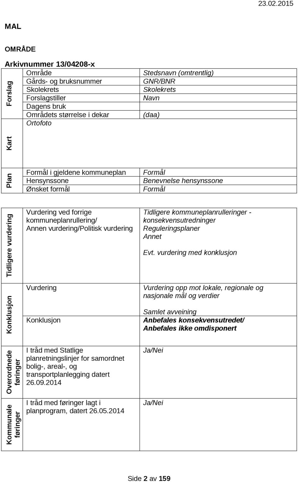 kommuneplanrullering/ Annen vurdering/politisk vurdering Tidligere kommuneplanrulleringer - konsekvensutredninger Reguleringsplaner Annet Evt.