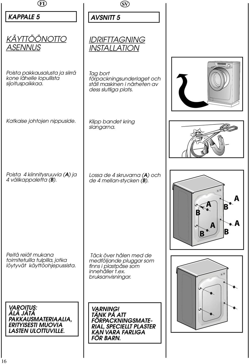 Poista 4 kiinnitysruuvia (A) ja 4 välikappaletta (B). Lossa de 4 skruvarna (A) och de 4 mellanstycken (B). Peitä reiät mukana toimitetuilla tulpilla, jotka löytyvät käyttöohjepussista.