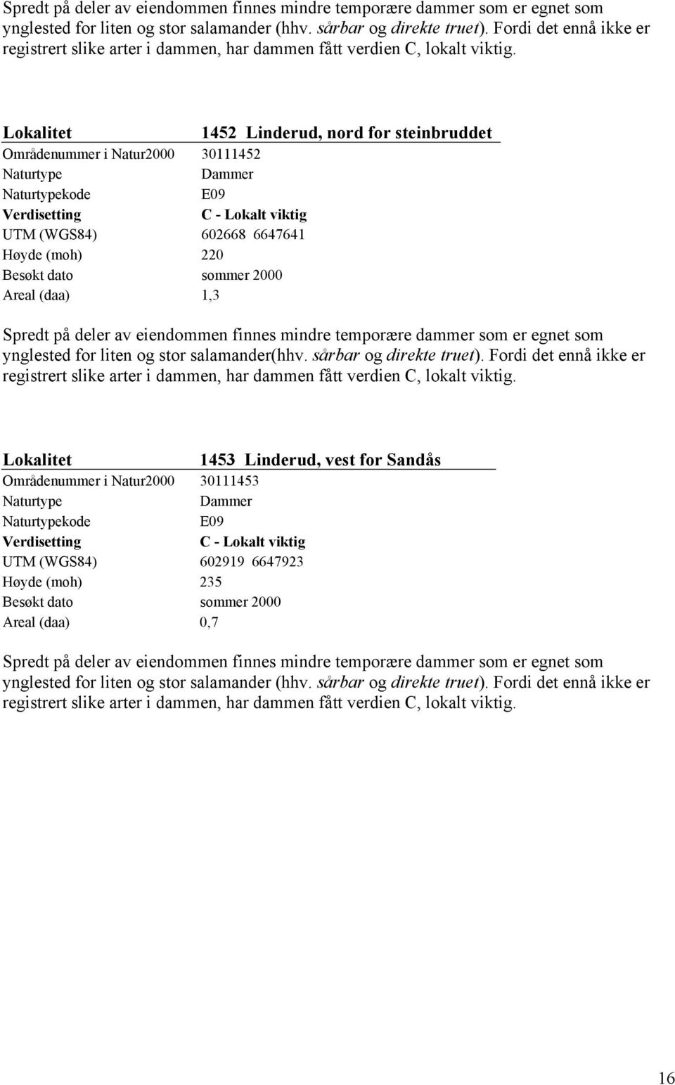 Lokalitet 1452 Linderud, nord for steinbruddet Områdenummer i Natur2000 30111452 Naturtype Dammer Naturtypekode E09 Verdisetting C - Lokalt viktig UTM (WGS84) 602668 6647641 Høyde (moh) 220 Besøkt