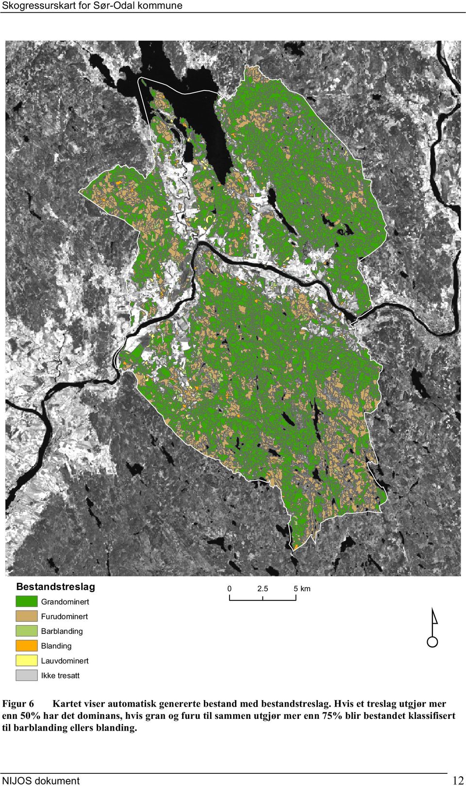 5 5 km Ikke tresatt Figur 6 Kartet viser automatisk genererte bestand med bestandstreslag.