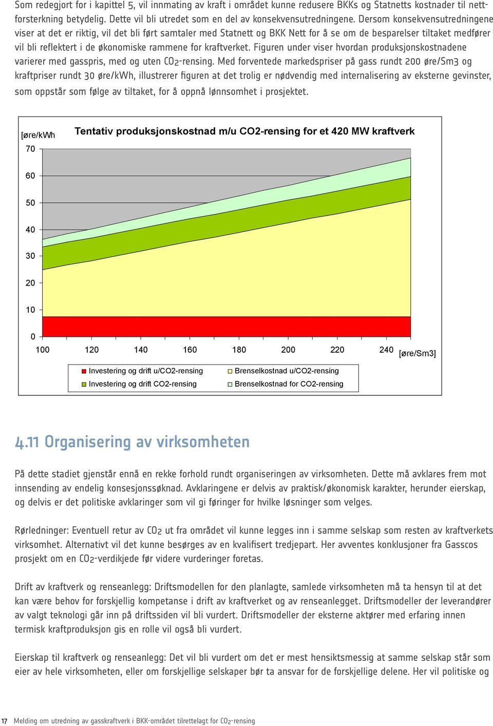 kraftverket. Figuren under viser hvordan produksjonskostnadene varierer med gasspris, med og uten CO2-rensing.