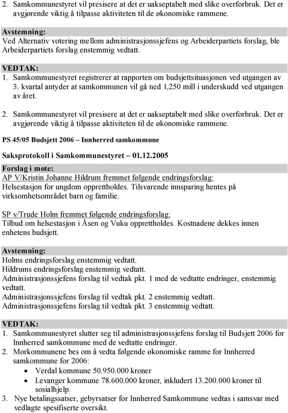 Samkommunestyret registrerer at rapporten om budsjettsituasjonen ved utgangen av 3. kvartal antyder at samkommunen vil gå ned 1,250 mill i underskudd ved utgangen av året.