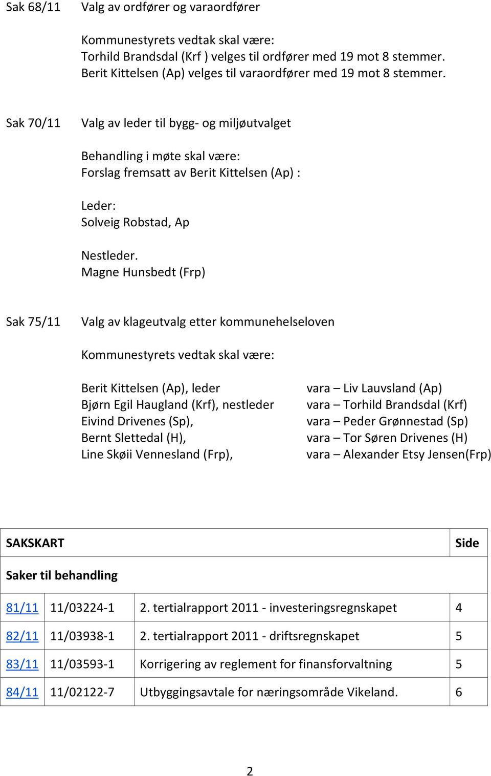 Sak 70/11 Valg av leder til bygg- og miljøutvalget Behandling i møte skal være: Forslag fremsatt av Berit Kittelsen (Ap) : Leder: Solveig Robstad, Ap Nestleder.