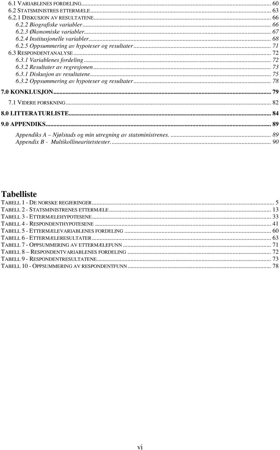 .. 78 7.0 KONKLUSJON... 79 7.1 VIDERE FORSKNING... 82 8.0 LITTERATURLISTE... 84 9.0 APPENDIKS... 89 Appendiks A Njølstads og min utregning av statsministrenes.