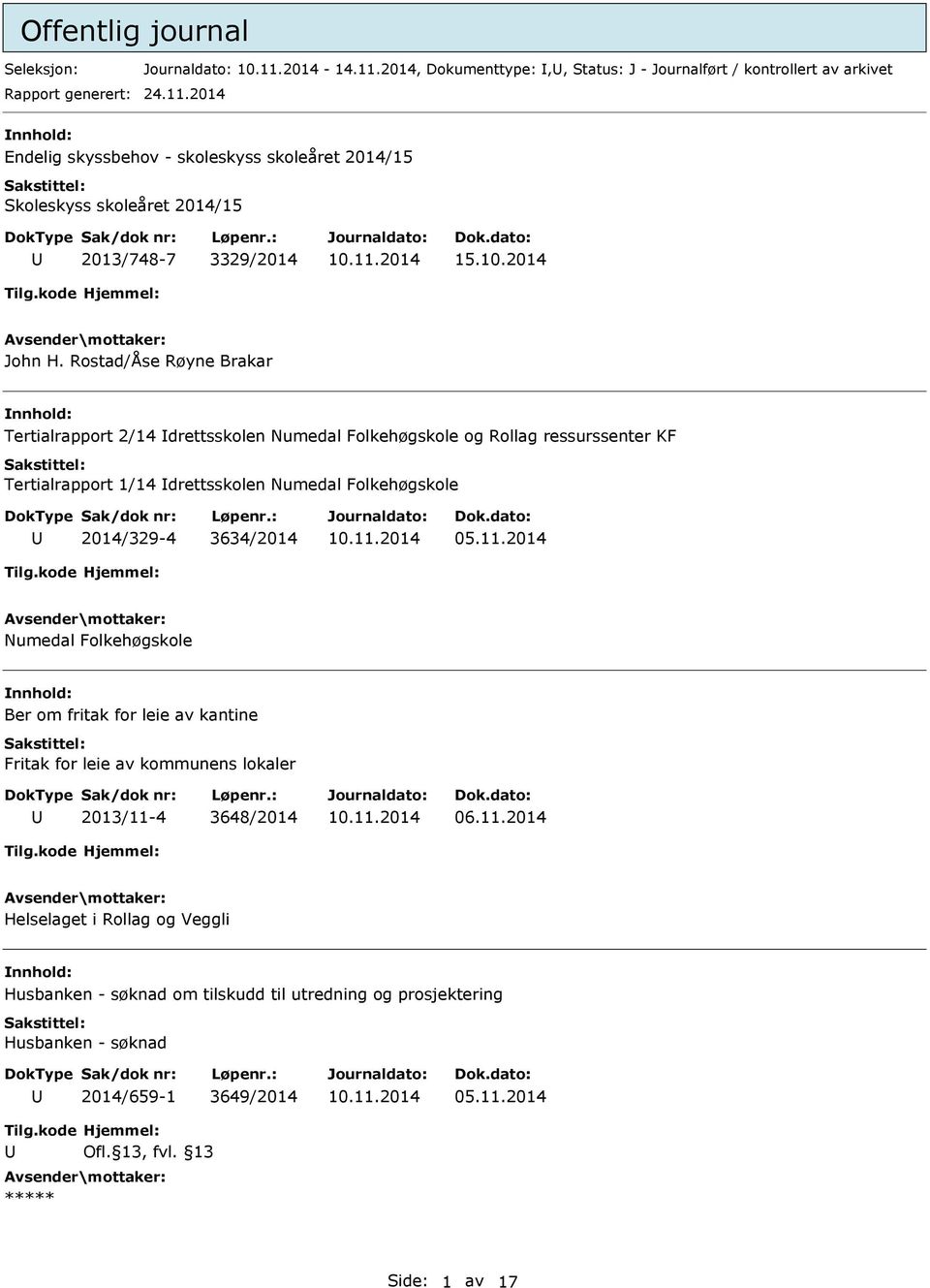 Rostad/Åse Røyne Brakar Tertialrapport 2/14 drettsskolen Numedal Folkehøgskole og Rollag ressurssenter KF Tertialrapport 1/14 drettsskolen Numedal Folkehøgskole 2014/329-4 3634/2014 05.11.