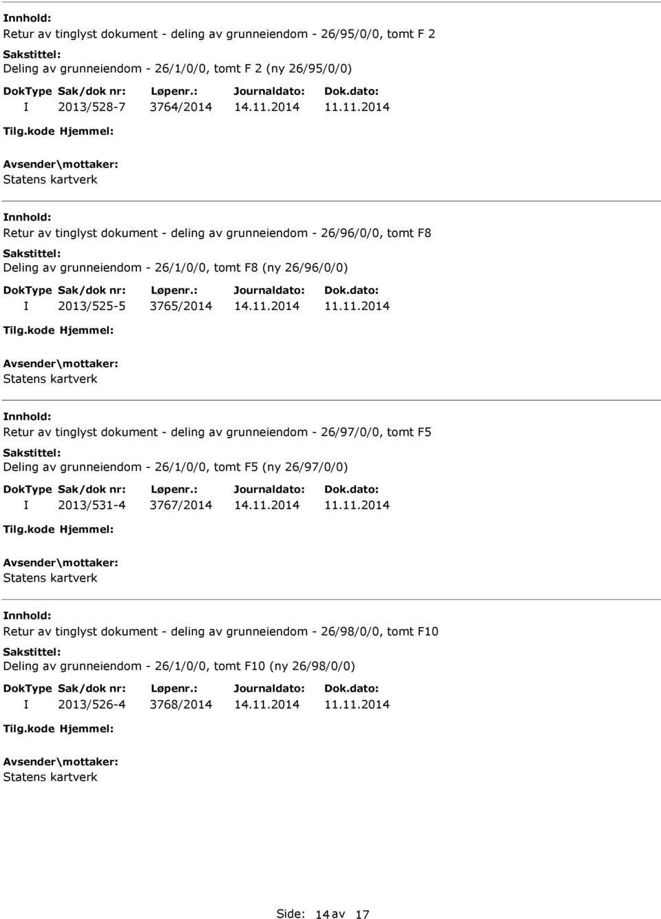 Retur av tinglyst dokument - deling av grunneiendom - 26/97/0/0, tomt F5 Deling av grunneiendom - 26/1/0/0, tomt F5 (ny 26/97/0/0) 2013/531-4 3767/2014