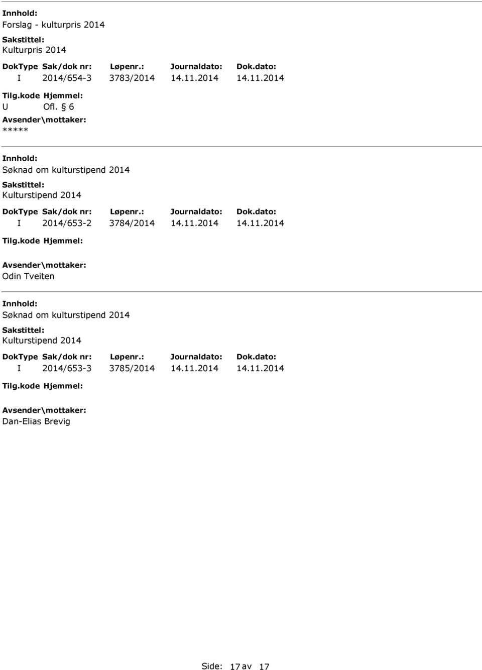 6 ***** Søknad om kulturstipend 2014 Kulturstipend 2014 2014/653-2