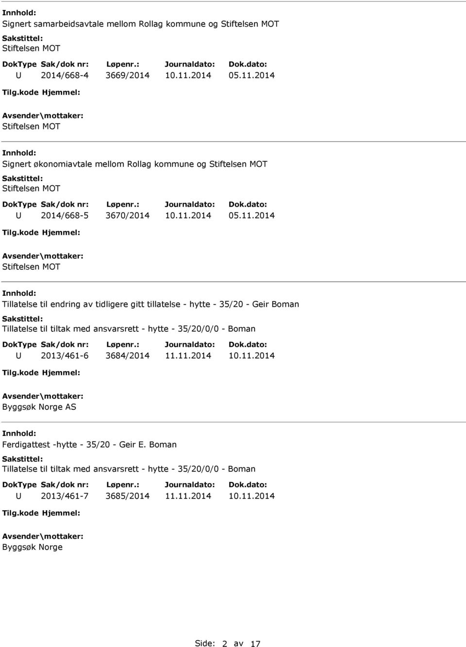 2014 Stiftelsen MOT Tillatelse til endring av tidligere gitt tillatelse - hytte - 35/20 - Geir Boman Tillatelse til tiltak med ansvarsrett - hytte -