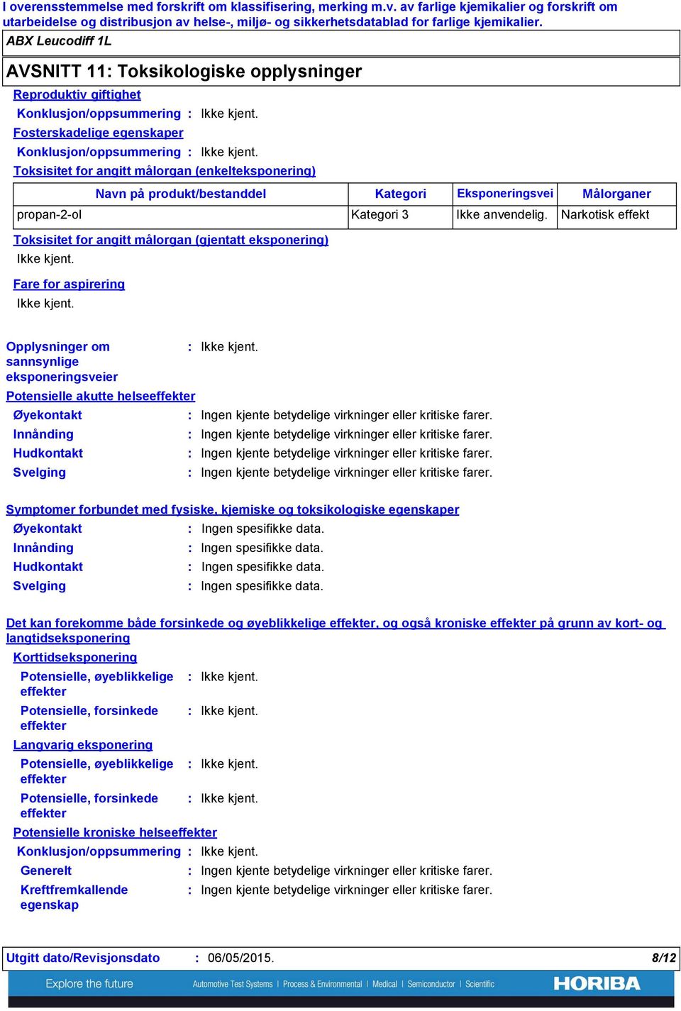 for angitt målorgan (gjentatt eksponering) Fare for aspirering Navn på produkt/bestanddel Kategori Eksponeringsvei Målorganer propan2ol Kategori 3 Ikke anvendelig.