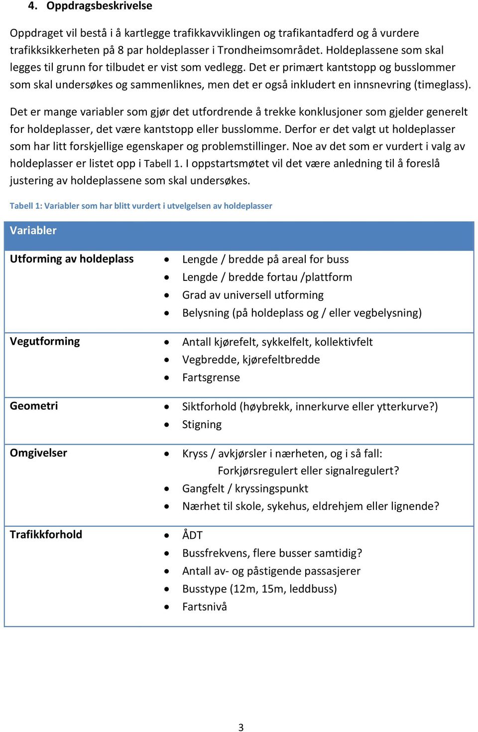 Det er primært kantstopp og busslommer som skal undersøkes og sammenliknes, men det er også inkludert en innsnevring (timeglass).