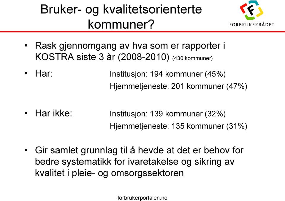 Institusjon: 194 kommuner (45%) Hjemmetjeneste: 201 kommuner (47%) Har ikke: Institusjon: 139 kommuner