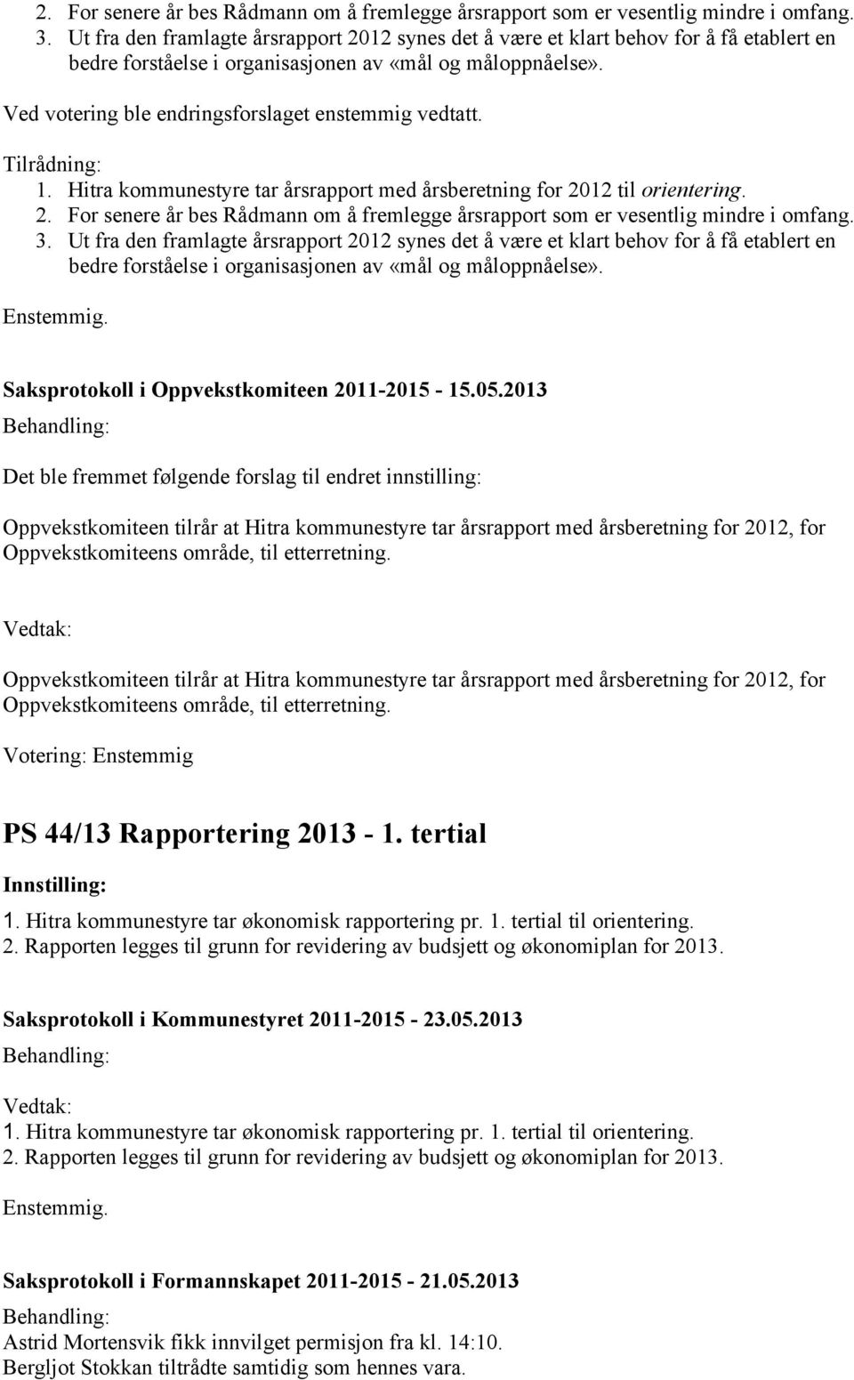 Ved votering ble endringsforslaget enstemmig vedtatt. Tilrådning: 1. Hitra kommunestyre tar årsrapport med årsberetning for 2012 til orientering.   Saksprotokoll i Oppvekstkomiteen 2011-2015 - 15.05.