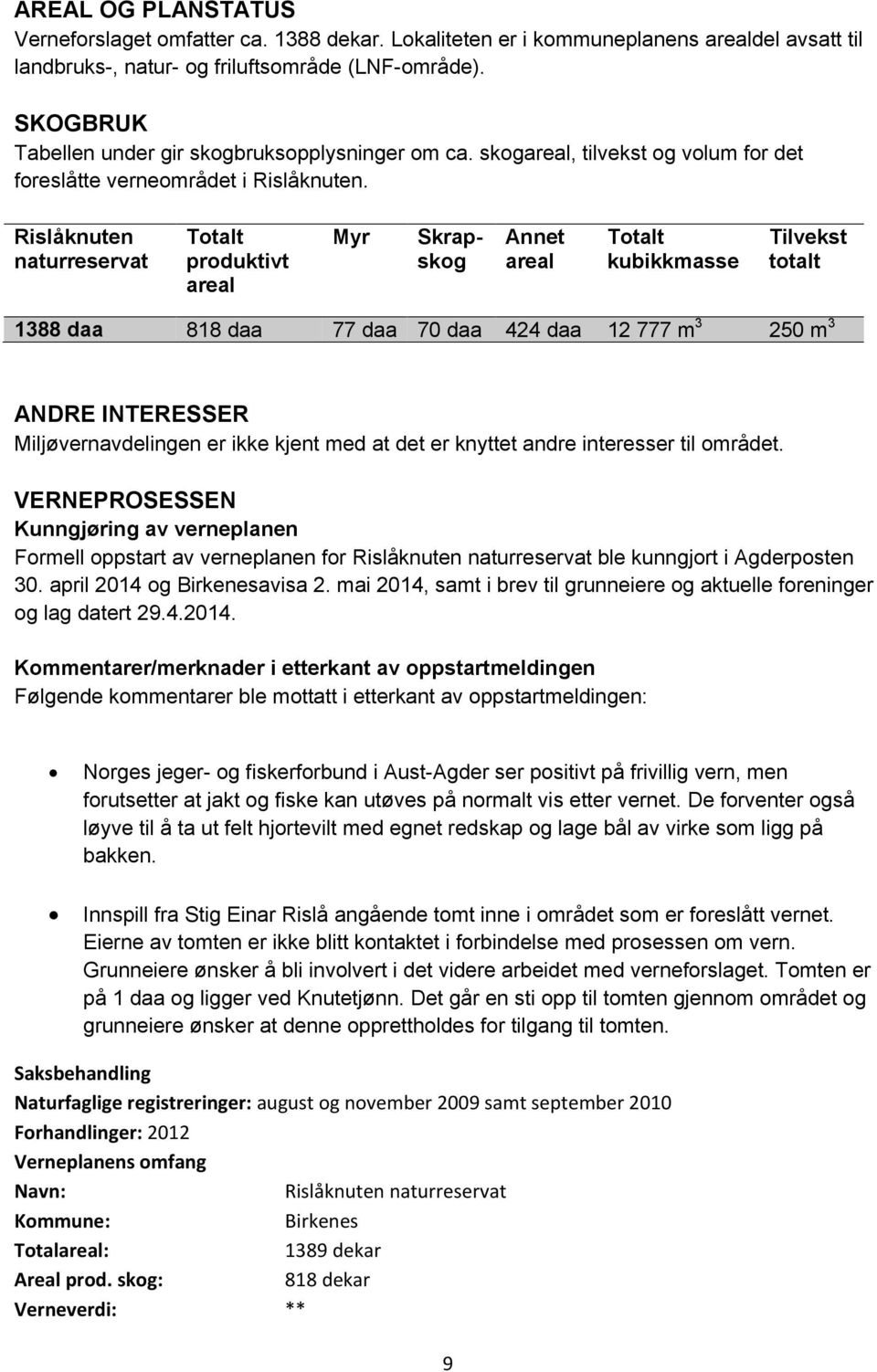 Rislåknuten naturreservat Totalt produktivt areal Myr Skrapskog Annet areal Totalt kubikkmasse Tilvekst totalt 1388 daa 818 daa 77 daa 70 daa 424 daa 12 777 m 3 250 m 3 ANDRE INTERESSER