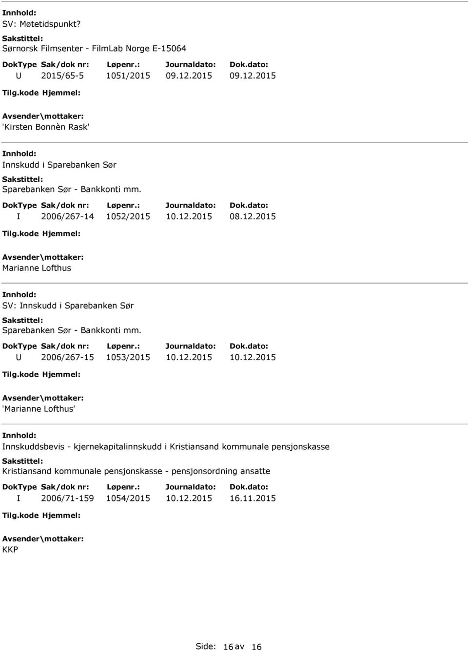 Bankkonti mm. 2006/267-14 1052/2015 10.12.2015 Marianne Lofthus SV: nnskudd i Sparebanken Sør Sparebanken Sør - Bankkonti mm.