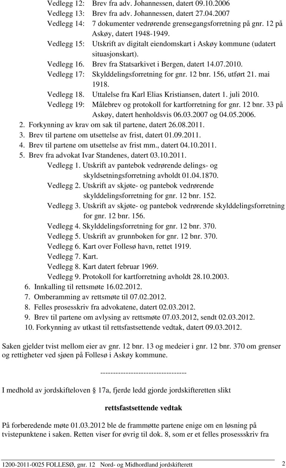 Vedlegg 17: Skylddelingsforretning for gnr. 12 bnr. 156, utført 21. mai 1918. Vedlegg 18. Uttalelse fra Karl Elias Kristiansen, datert 1. juli 2010.