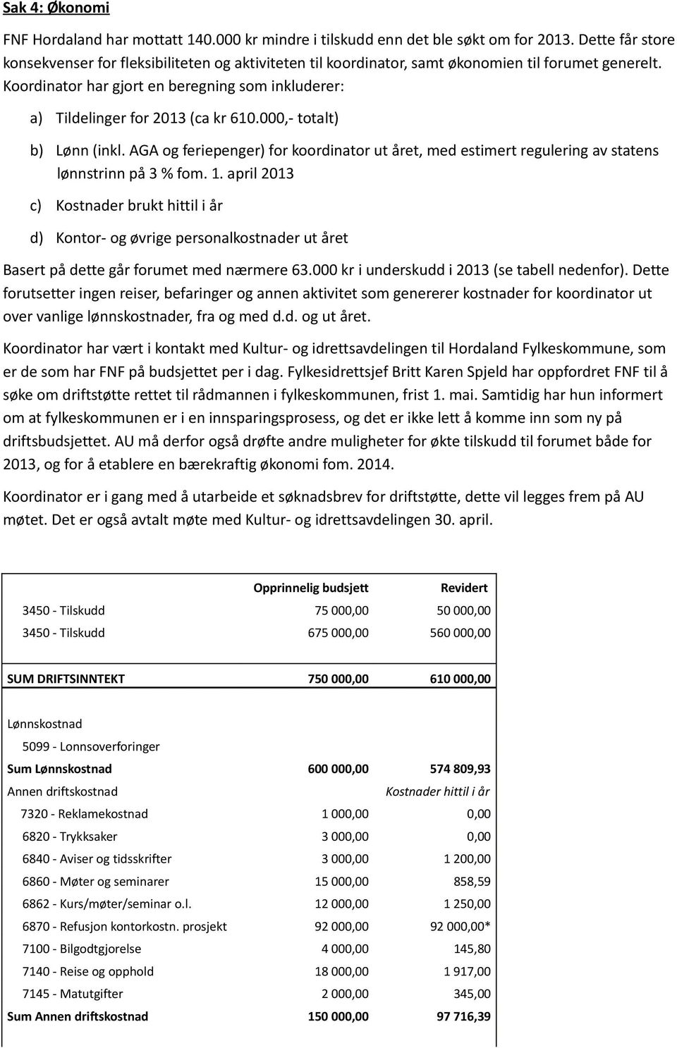 Koordinator har gjort en beregning som inkluderer: a) Tildelinger for 2013 (ca kr 610.000,- totalt) b) Lønn (inkl.