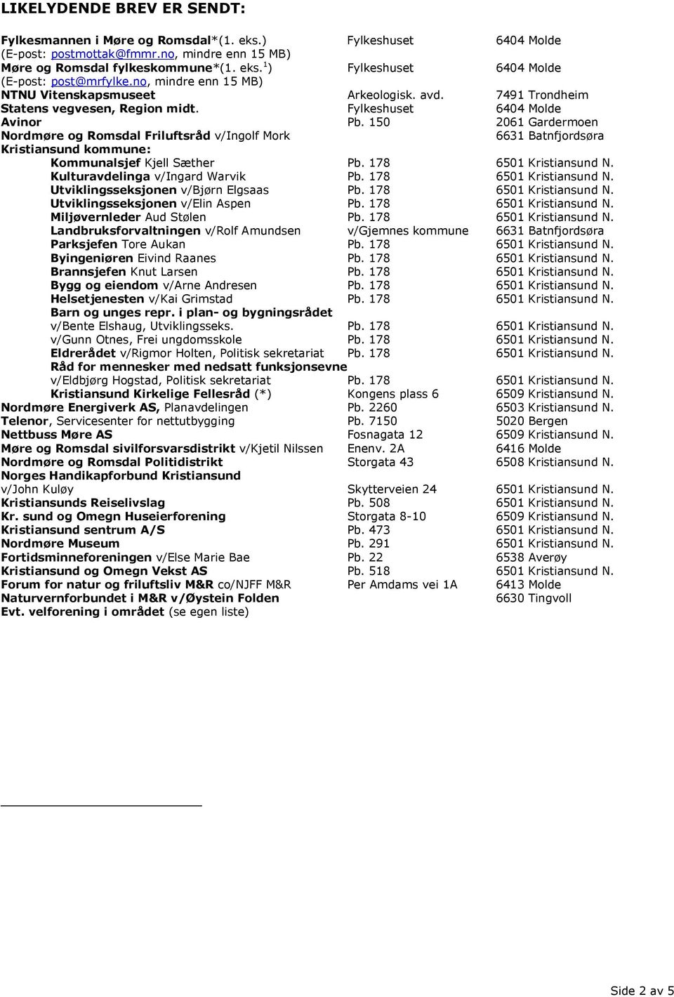 150 2061 Gardermoen Nordmøre og Romsdal Friluftsråd v/ingolf Mork 6631 Batnfjordsøra Kristiansund kommune: Kommunalsjef Kjell Sæther Pb. 178 6501 Kristiansund N. Kulturavdelinga v/ingard Warvik Pb.