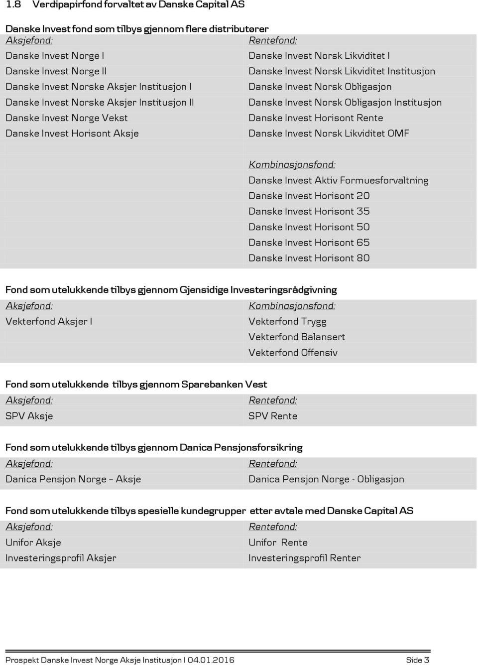 Institusjon Danske Invest Norge Vekst Danske Invest Horisont Rente Danske Invest Horisont Aksje Danske Invest Norsk Likviditet OMF Kombinasjonsfond: Danske Invest Aktiv Formuesforvaltning Danske