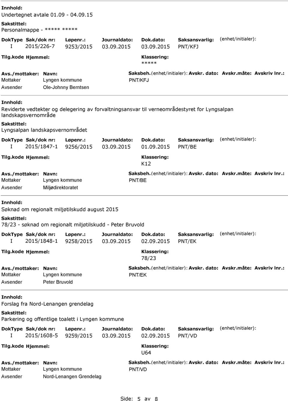 2015/1847-1 9256/2015 PNT/BE K12 Avs./mottaker: Navn: Saksbeh. Avskr. dato: Avskr.måte: Avskriv lnr.