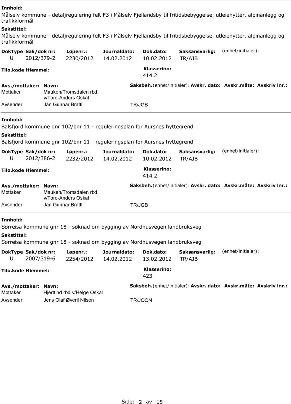 v/tore-anders Oskal Jan Gunnar Brattli Balsfjord kommune gnr 102/bnr 11 - reguleringsplan for Aursnes hyttegrend Balsfjord kommune gnr 102/bnr 11 - reguleringsplan for Aursnes hyttegrend 2012/386-2