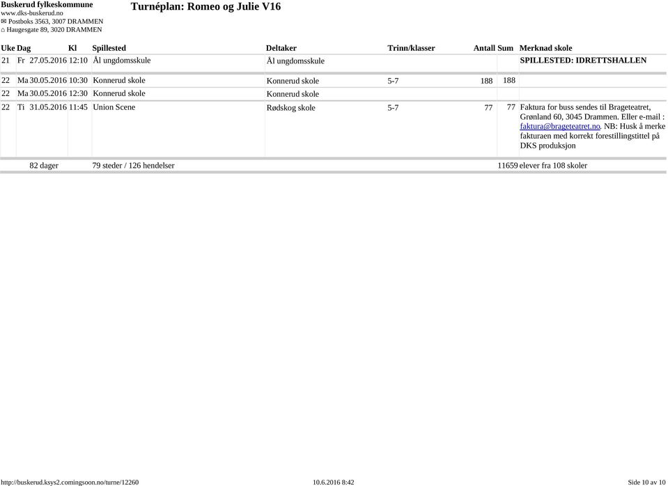 Faktura for buss sendes til Brageteatret, 82 dager 79 steder / 126 hendelser 11659 elever fra 108 skoler