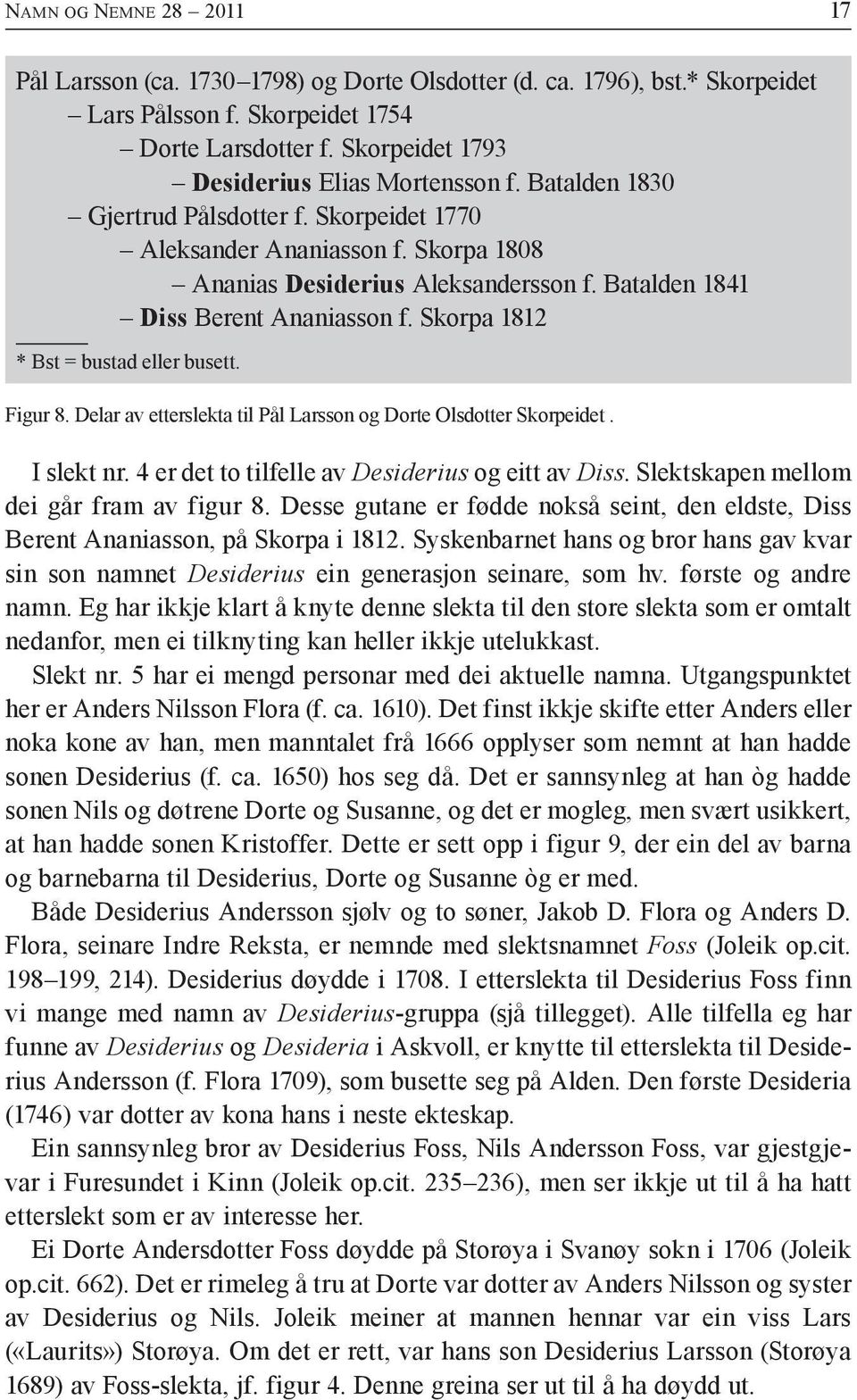 Batalden 1841 Diss Berent Ananiasson f. Skorpa 1812 * Bst = bustad eller busett. Figur 8. Delar av etterslekta til Pål Larsson og Dorte Olsdotter Skorpeidet. I slekt nr.