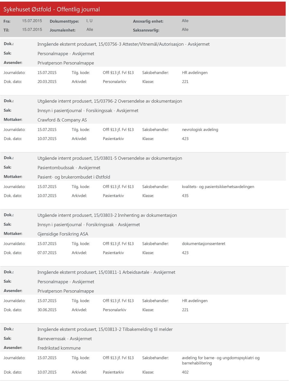 2015 Arkivdel: Personalarkiv tgående internt produsert, 15/03796-2 Oversendelse av dokumentasjon Innsyn i pasientjournal - Forsikingssak - Avskjermet Crawford & Company AS nevrologisk avdeling Dok.