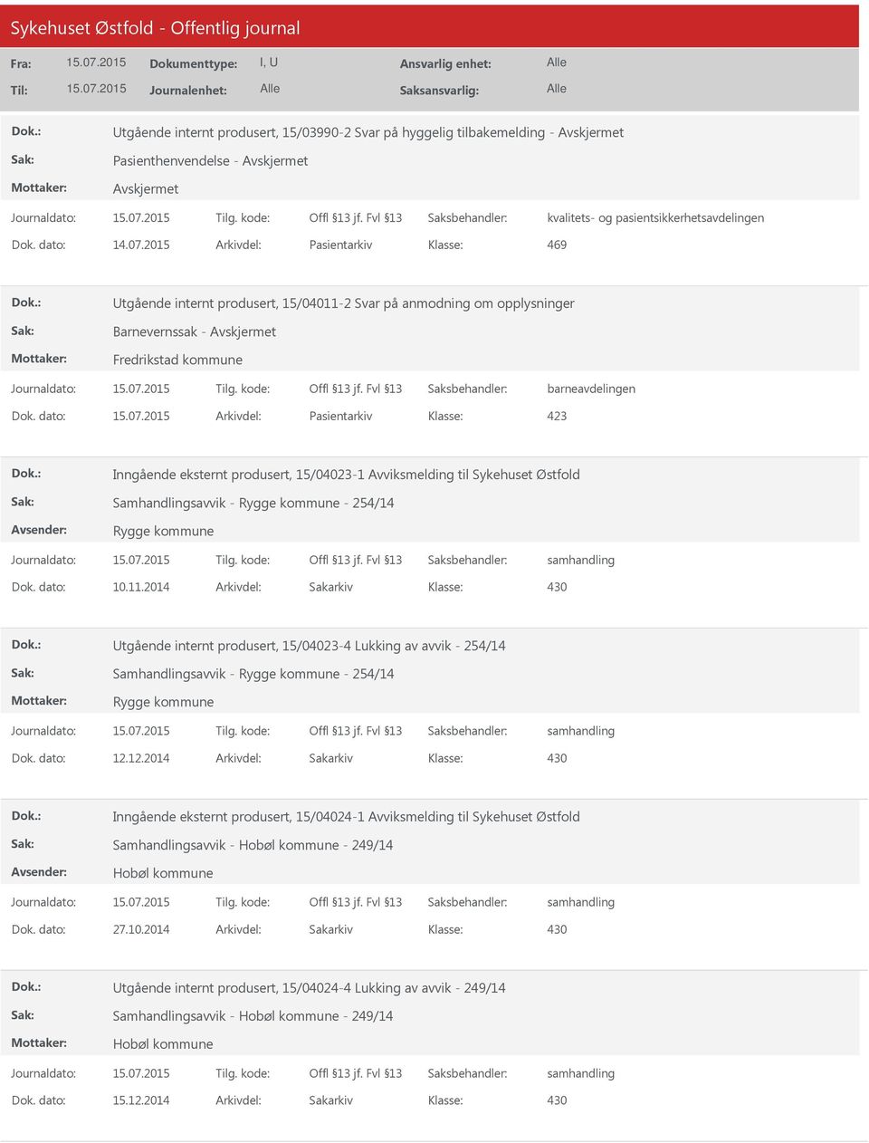 dato: Arkivdel: Pasientarkiv Inngående eksternt produsert, 15/04023-1 Avviksmelding til Sykehuset Østfold Samhandlingsavvik - Rygge kommune - 254/14 Rygge kommune samhandling Dok. dato: 10.11.